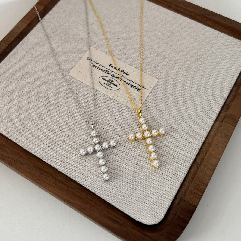 Golden Pearl Cross Necklace