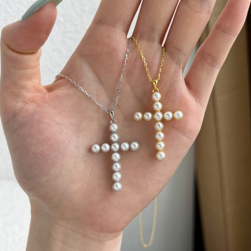 Golden Pearl Cross Necklace