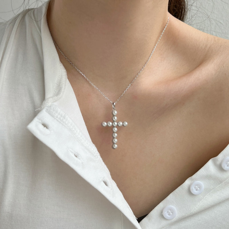 Golden Pearl Cross Necklace