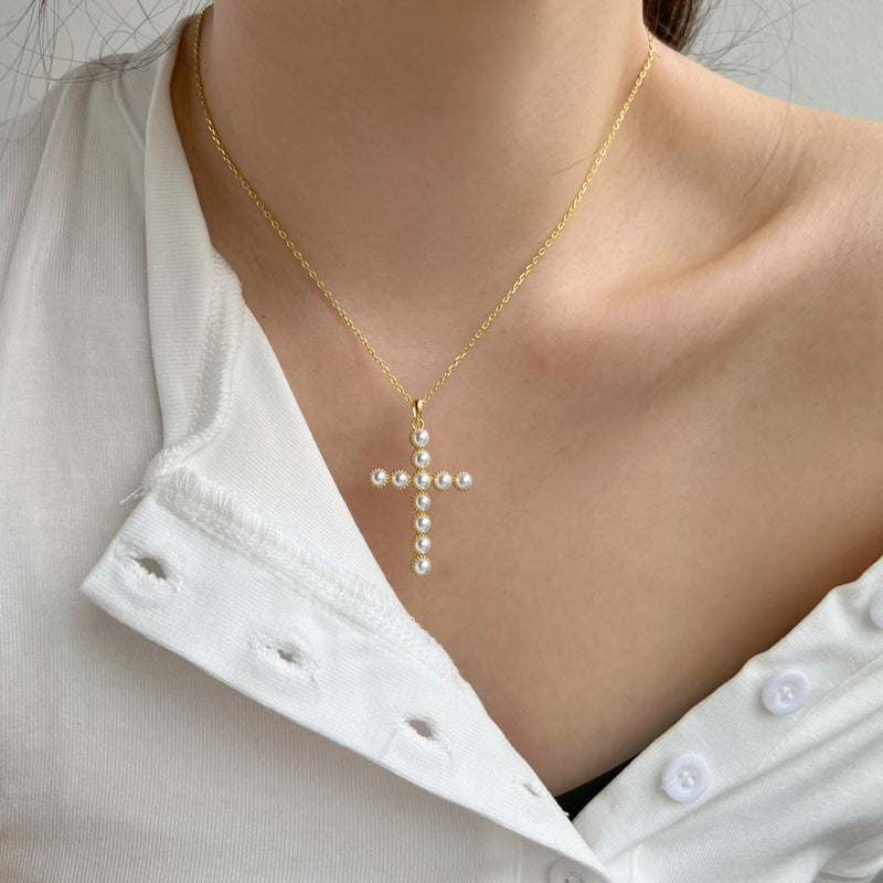 Golden Pearl Cross Necklace