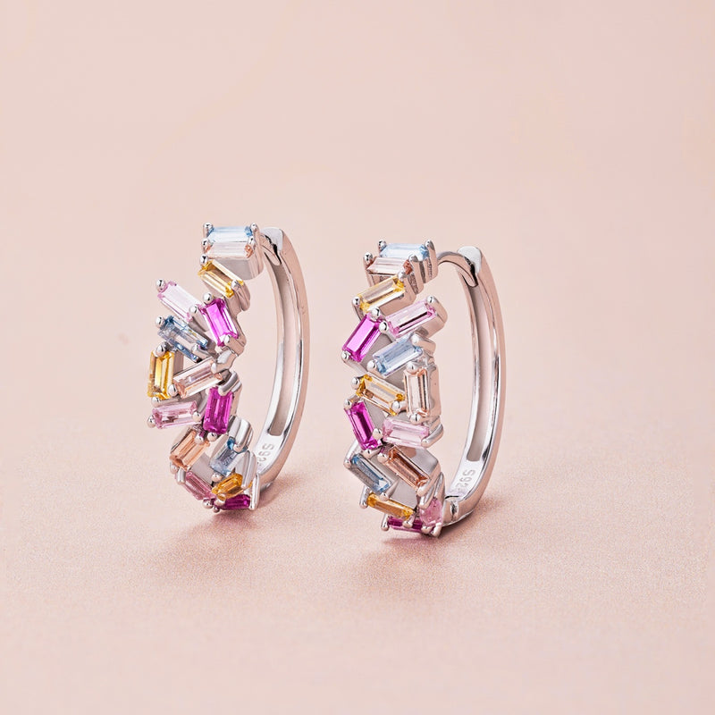 Vibrant Multi-Color Rectangle Zircon Hoop Earrings