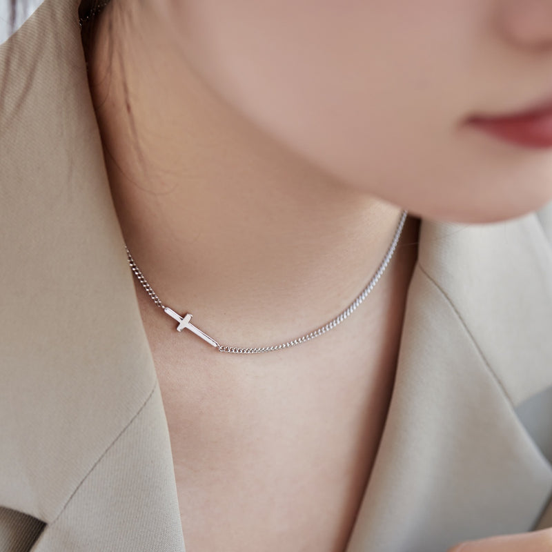 Silver Side Cross Necklace